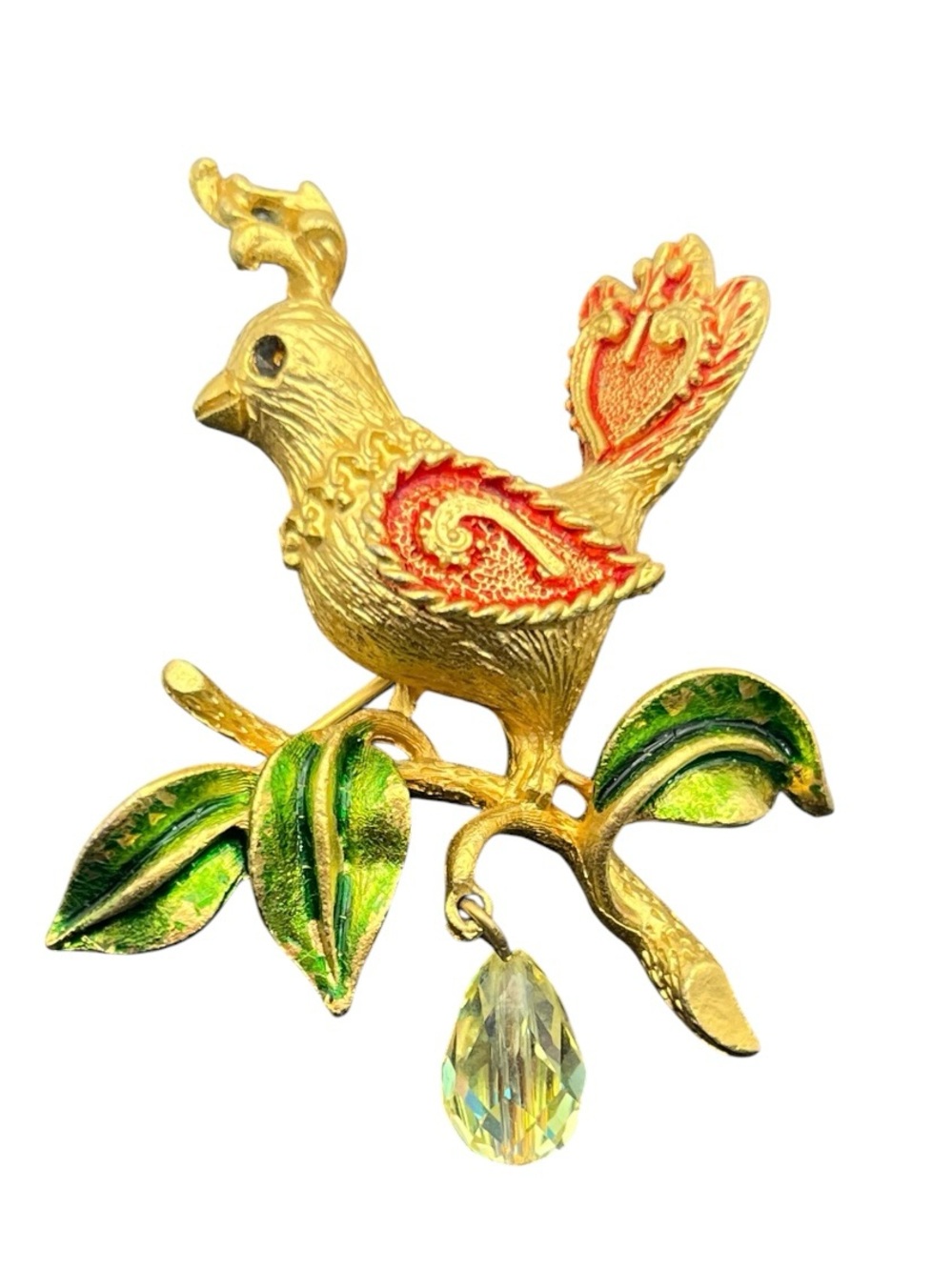 MYLU "Partridge in a Pear Tree” Christmas bird brooch pin gold tone green enamel